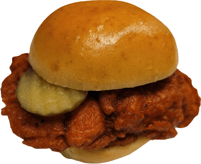 Fresh Nashville Hot Chicken slider with pickles, boneless chicken thighs, buns and secret sauce